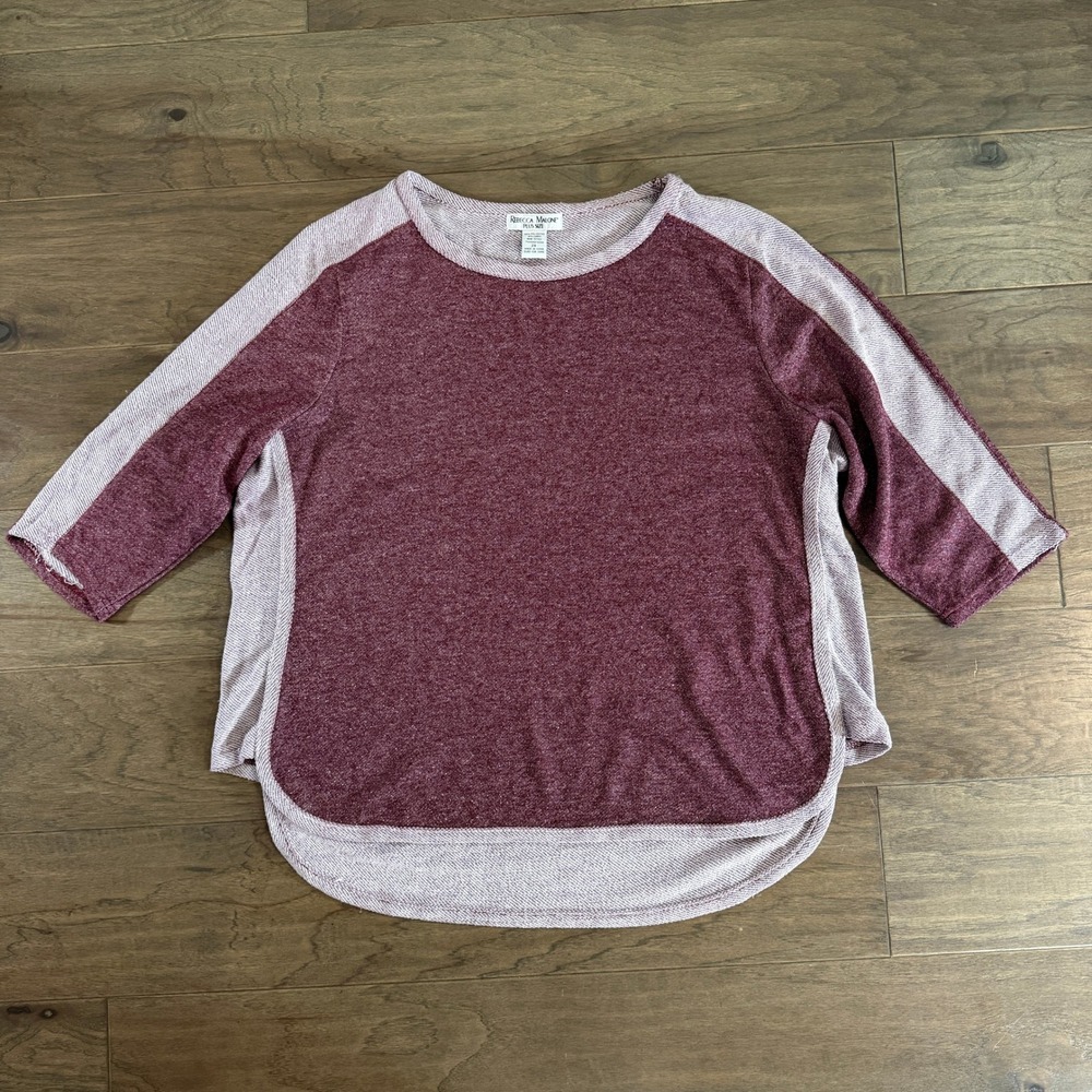Rebecca‎ Malone Plus Size 2X Burgundy Metallic Lurex Colorblock 3/4 Sleeve Top